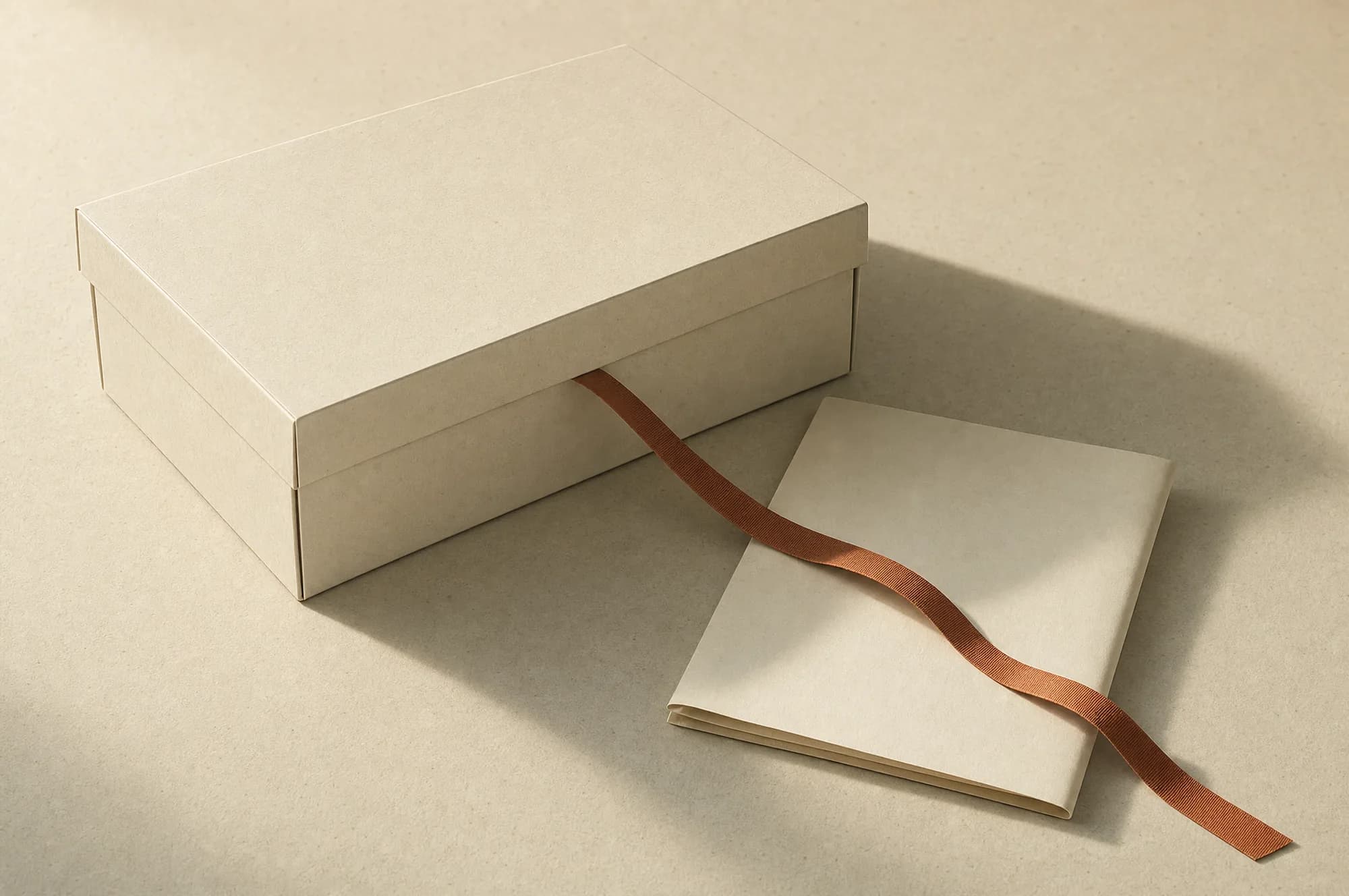 An archival document box and a folded paper file tied with a clay-coloured ribbon